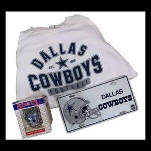 DALLAS COWBOYS FAN BUNDLE, XL LONG SLEEVE SHIRT, VINTAGE CAR TAG, BOXED ORNAMENT
